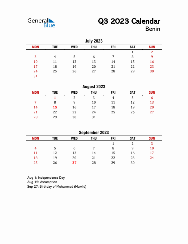 2023 Q3 Calendar with Holidays List for Benin