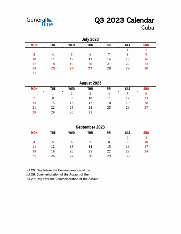 2023 Q3 Calendar with Holidays List for Cuba