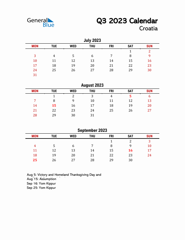 2023 Q3 Calendar with Holidays List for Croatia