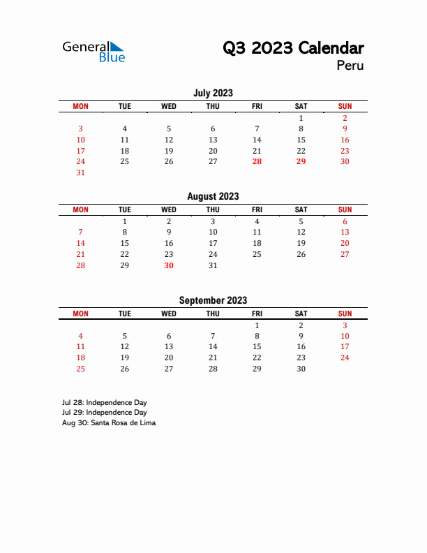 2023 Q3 Calendar with Holidays List for Peru