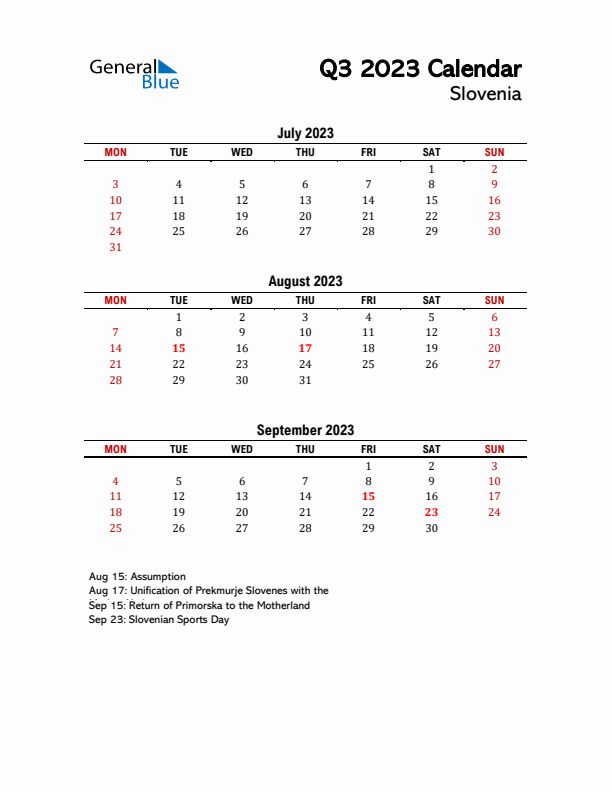 2023 Q3 Calendar with Holidays List for Slovenia