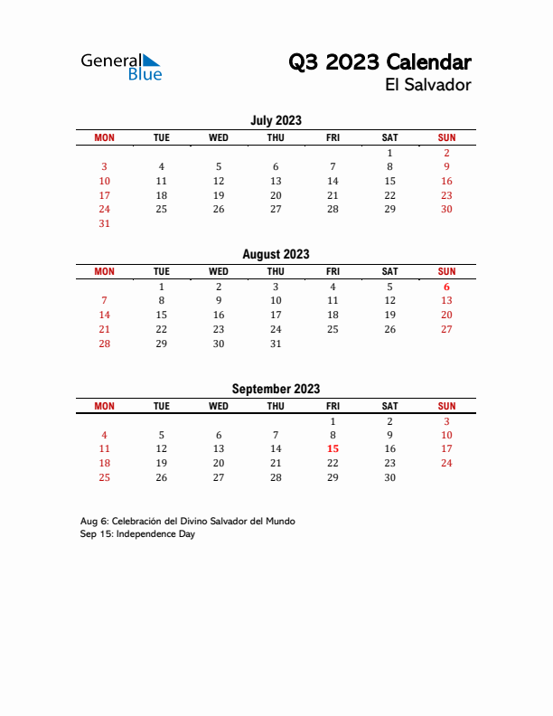 2023 Q3 Calendar with Holidays List for El Salvador