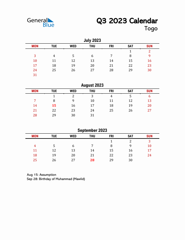 2023 Q3 Calendar with Holidays List for Togo