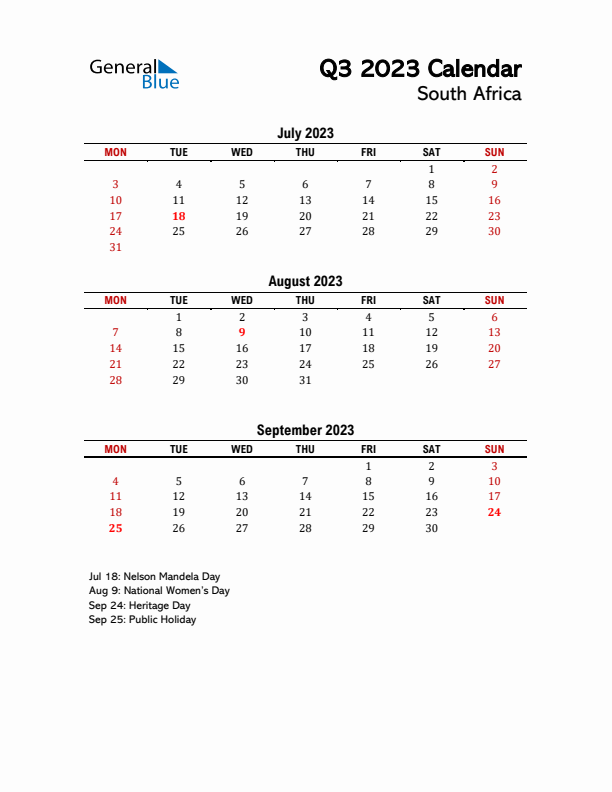 2023 Q3 Calendar with Holidays List for South Africa