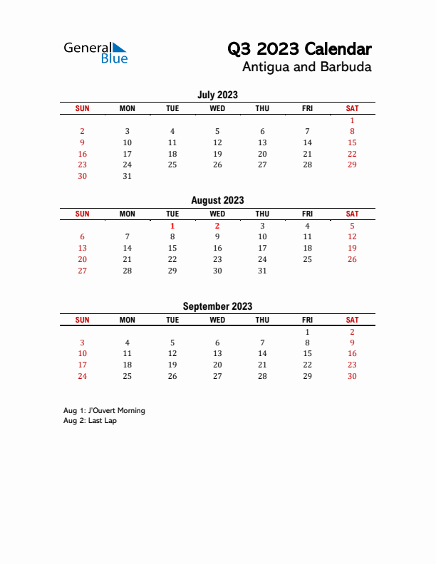 2023 Q3 Calendar with Holidays List for Antigua and Barbuda