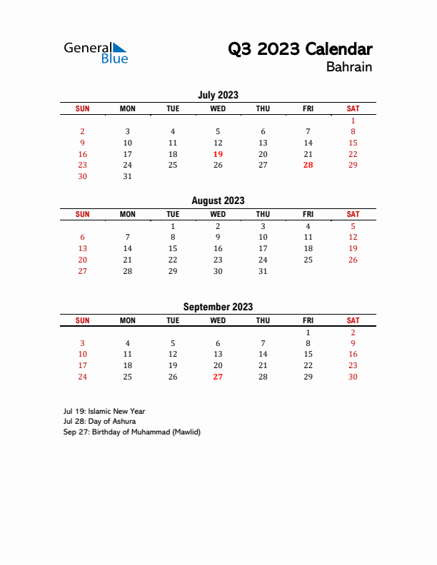 2023 Q3 Calendar with Holidays List for Bahrain