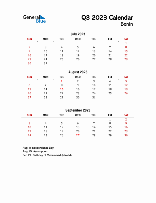 2023 Q3 Calendar with Holidays List for Benin