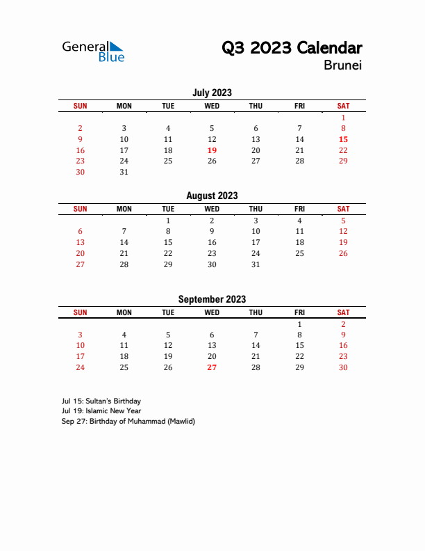 2023 Q3 Calendar with Holidays List for Brunei