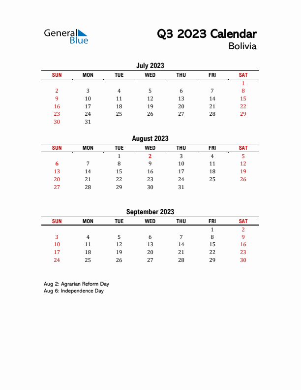 2023 Q3 Calendar with Holidays List for Bolivia