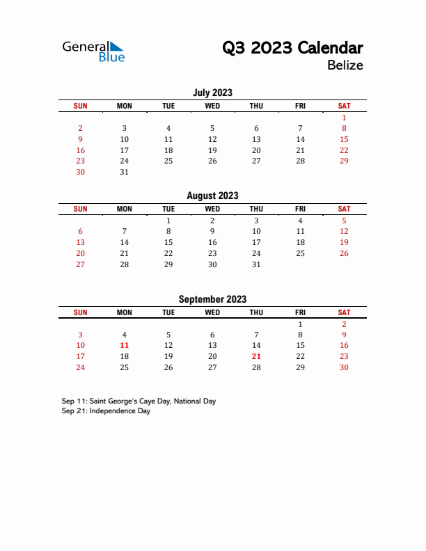 2023 Q3 Calendar with Holidays List for Belize