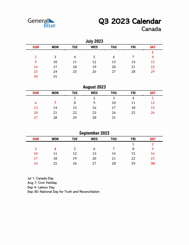 2023 Q3 Calendar with Holidays List for Canada