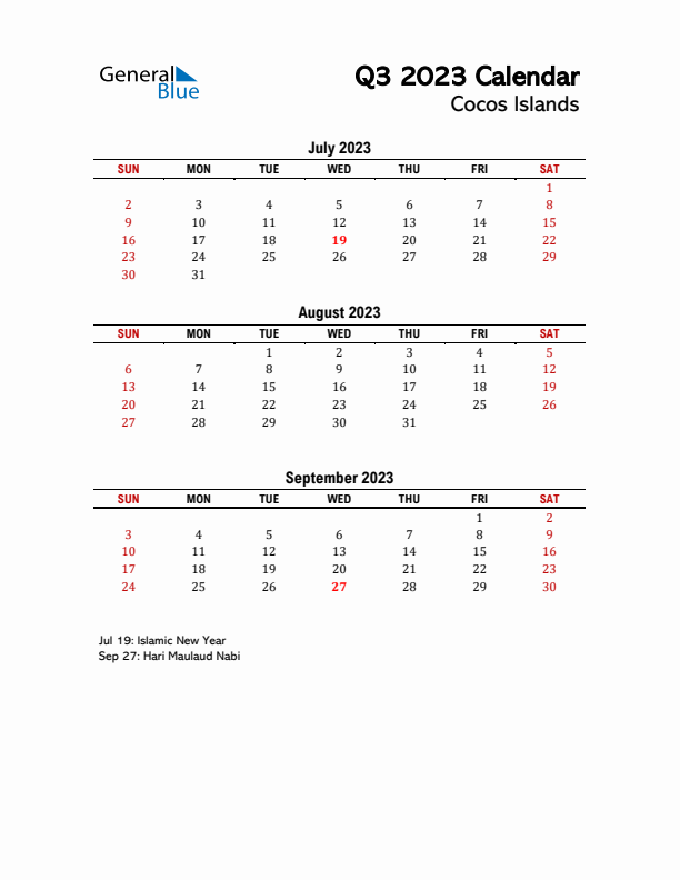 2023 Q3 Calendar with Holidays List for Cocos Islands