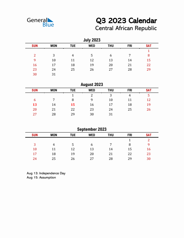 2023 Q3 Calendar with Holidays List for Central African Republic