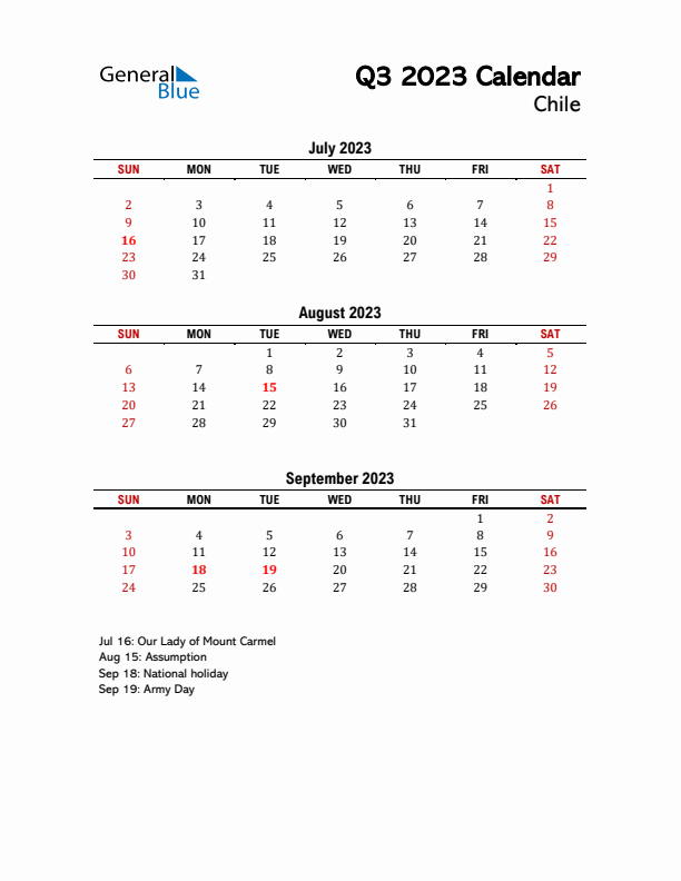 2023 Q3 Calendar with Holidays List for Chile