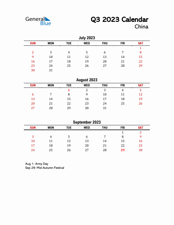 2023 Q3 Calendar with Holidays List for China