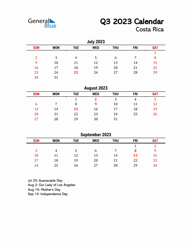 2023 Q3 Calendar with Holidays List for Costa Rica