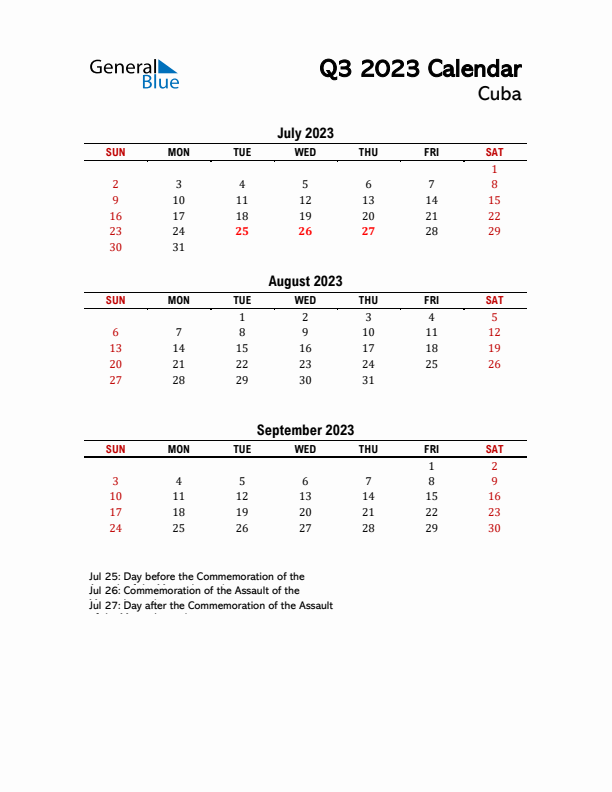 2023 Q3 Calendar with Holidays List for Cuba