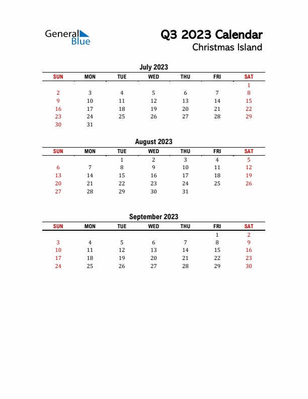 2023 Q3 Calendar with Holidays List for Christmas Island