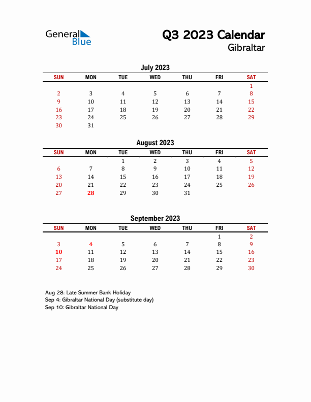 2023 Q3 Calendar with Holidays List for Gibraltar