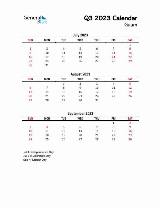 2023 Q3 Calendar with Holidays List for Guam