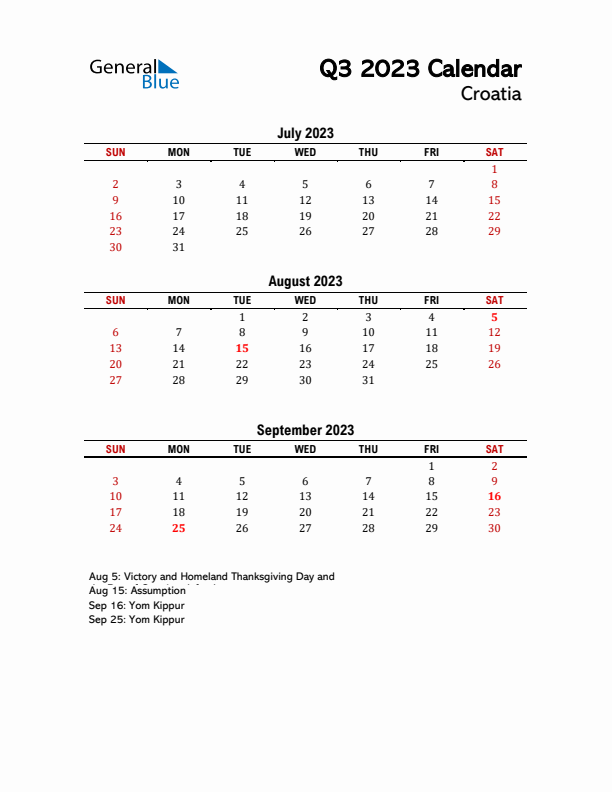 2023 Q3 Calendar with Holidays List for Croatia