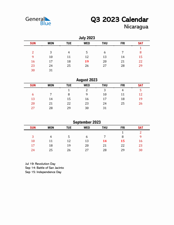 2023 Q3 Calendar with Holidays List for Nicaragua