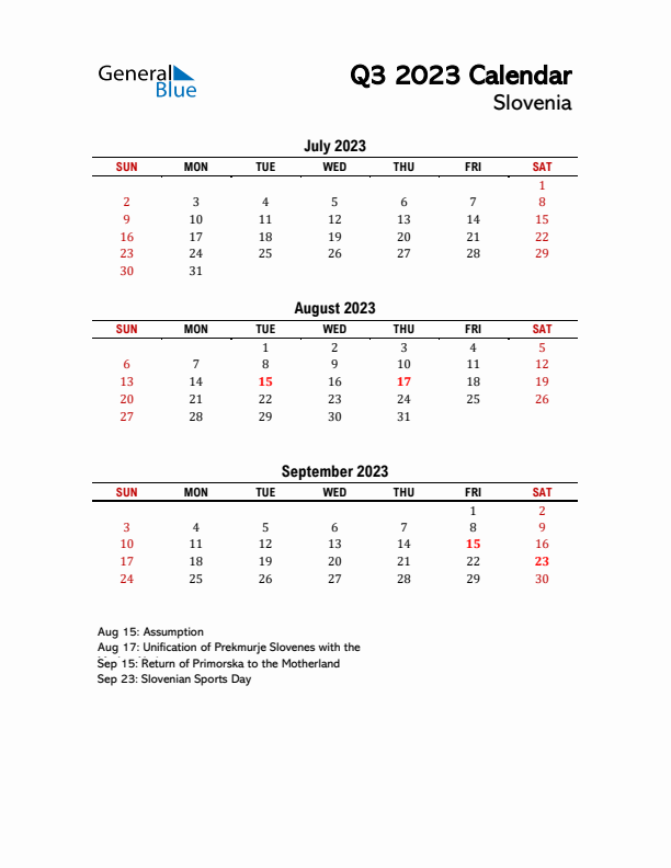 2023 Q3 Calendar with Holidays List for Slovenia