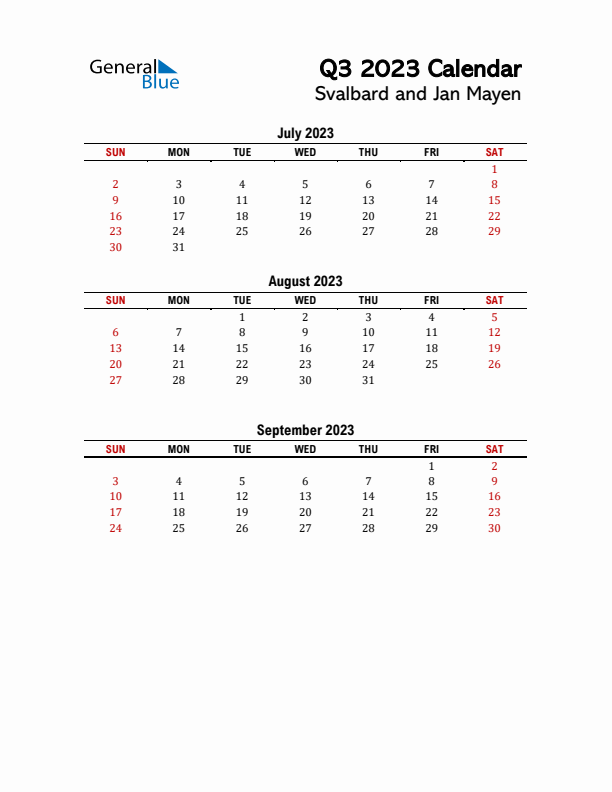 2023 Q3 Calendar with Holidays List for Svalbard and Jan Mayen