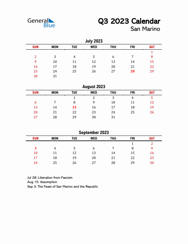 2023 Q3 Calendar with Holidays List for San Marino