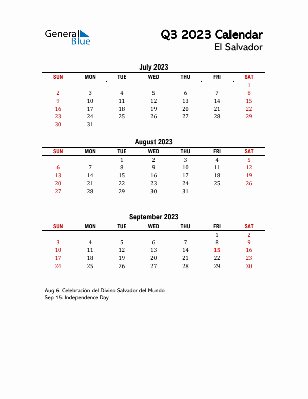 2023 Q3 Calendar with Holidays List for El Salvador