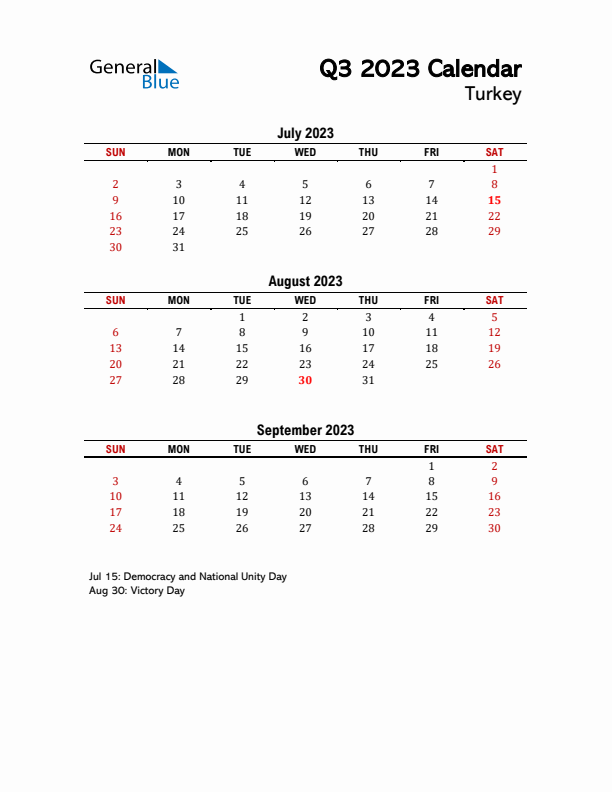 2023 Q3 Calendar with Holidays List for Turkey