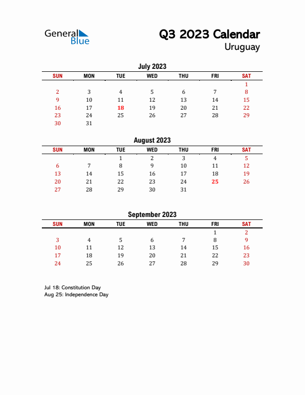 2023 Q3 Calendar with Holidays List for Uruguay