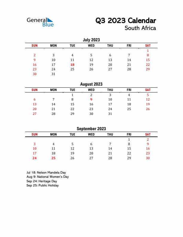 2023 Q3 Calendar with Holidays List for South Africa