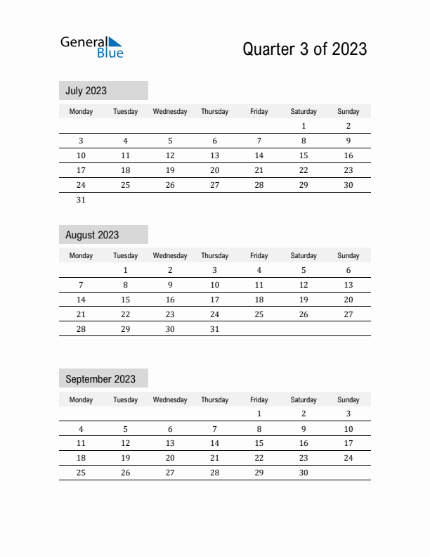 July, August, and September Calendar 2023