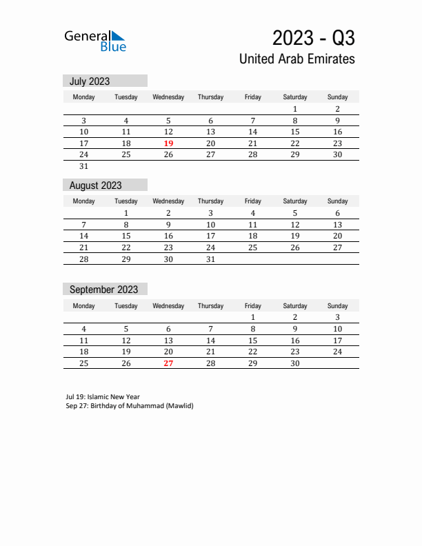 United Arab Emirates Quarter 3 2023 Calendar with Holidays