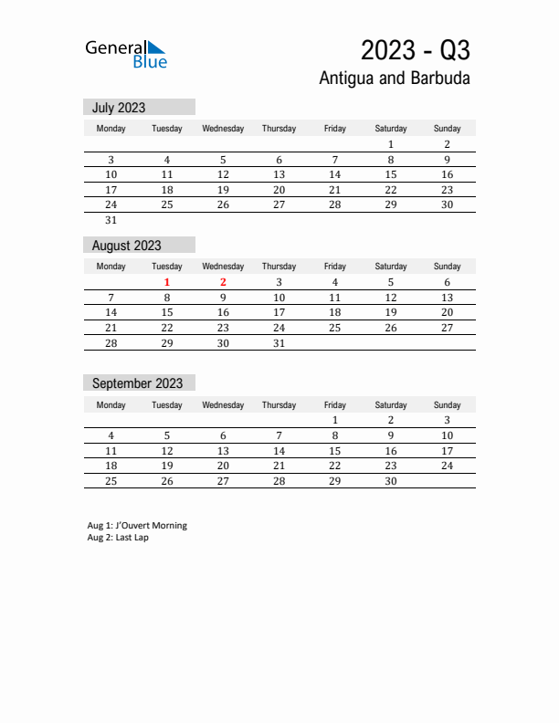 Antigua and Barbuda Quarter 3 2023 Calendar with Holidays