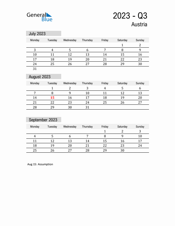 Austria Quarter 3 2023 Calendar with Holidays