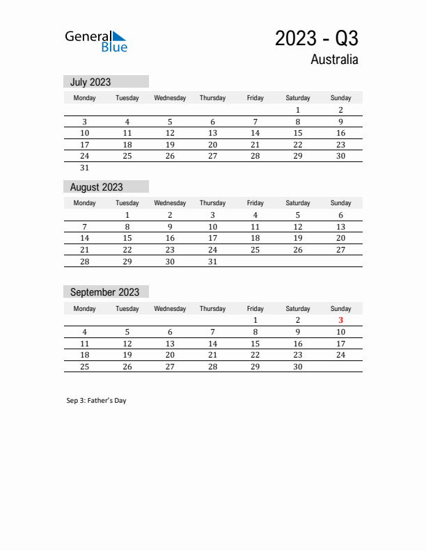 Australia Quarter 3 2023 Calendar with Holidays