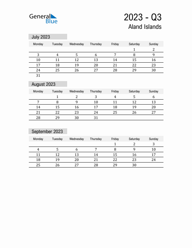 Aland Islands Quarter 3 2023 Calendar with Holidays
