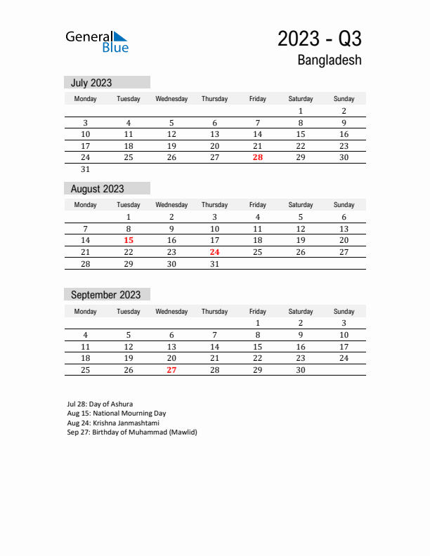 Bangladesh Quarter 3 2023 Calendar with Holidays