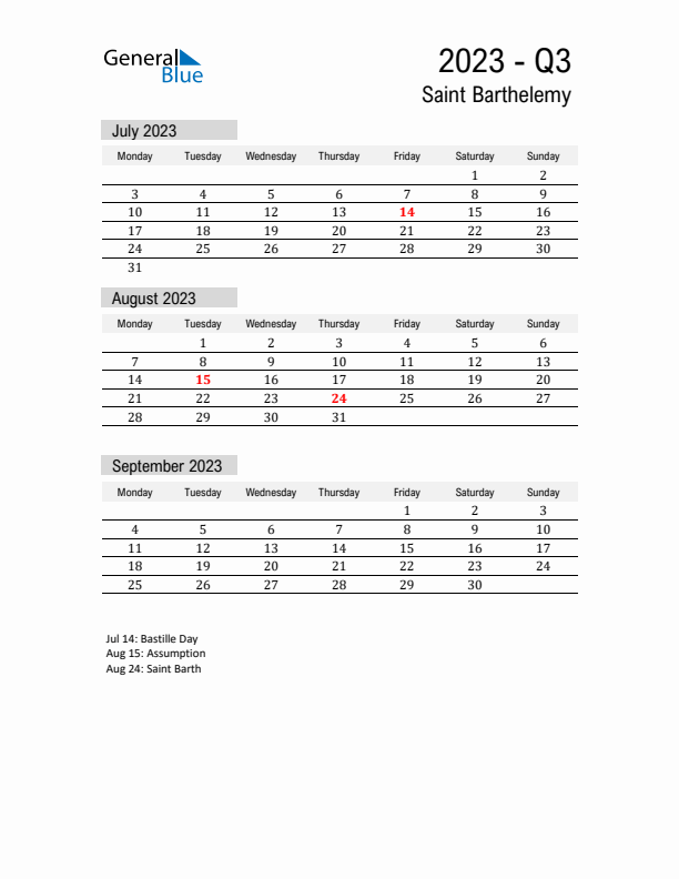 Saint Barthelemy Quarter 3 2023 Calendar with Holidays