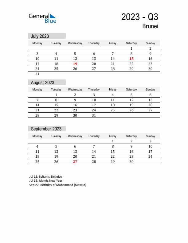 Brunei Quarter 3 2023 Calendar with Holidays