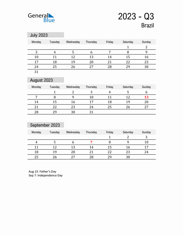 Brazil Quarter 3 2023 Calendar with Holidays