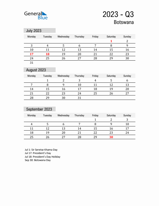 Botswana Quarter 3 2023 Calendar with Holidays