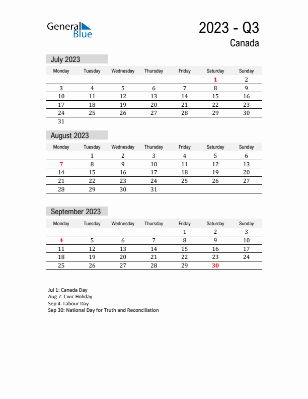 Canada Quarter 3 2023 Calendar with Holidays