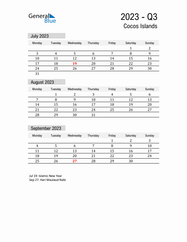 Cocos Islands Quarter 3 2023 Calendar with Holidays