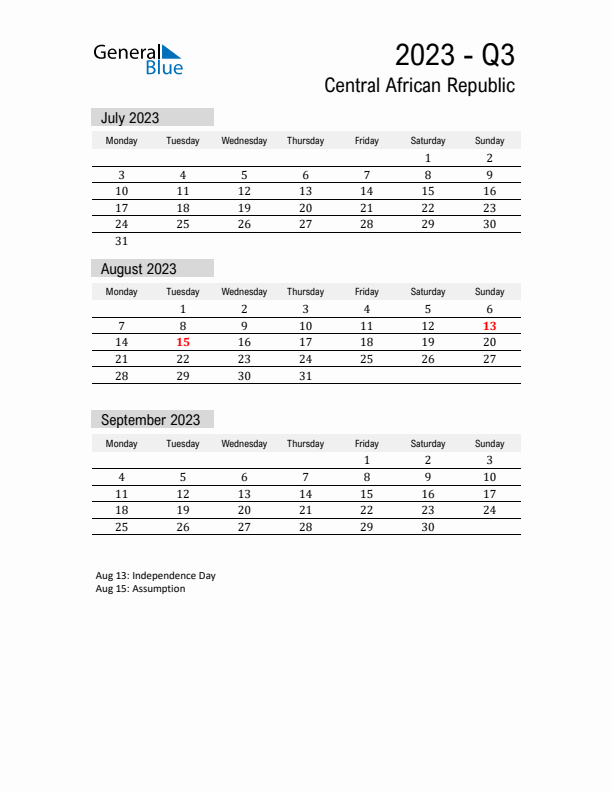Central African Republic Quarter 3 2023 Calendar with Holidays