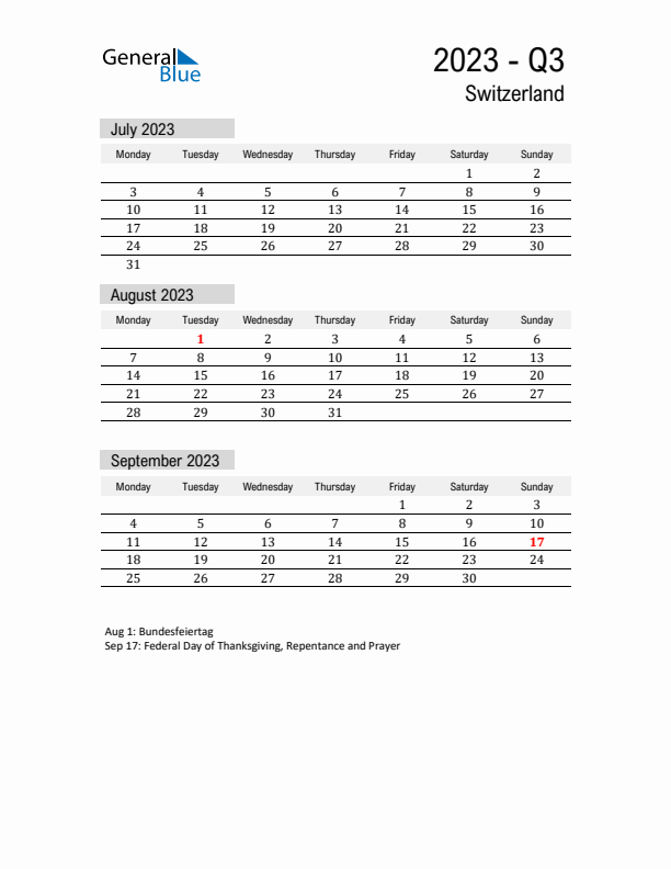 Switzerland Quarter 3 2023 Calendar with Holidays