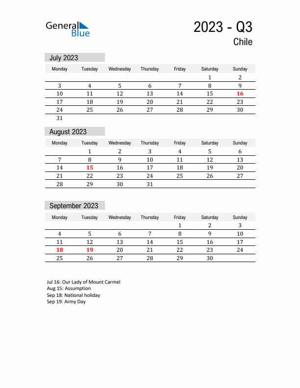 Chile Quarter 3 2023 Calendar with Holidays