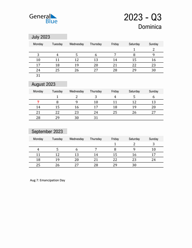 Dominica Quarter 3 2023 Calendar with Holidays